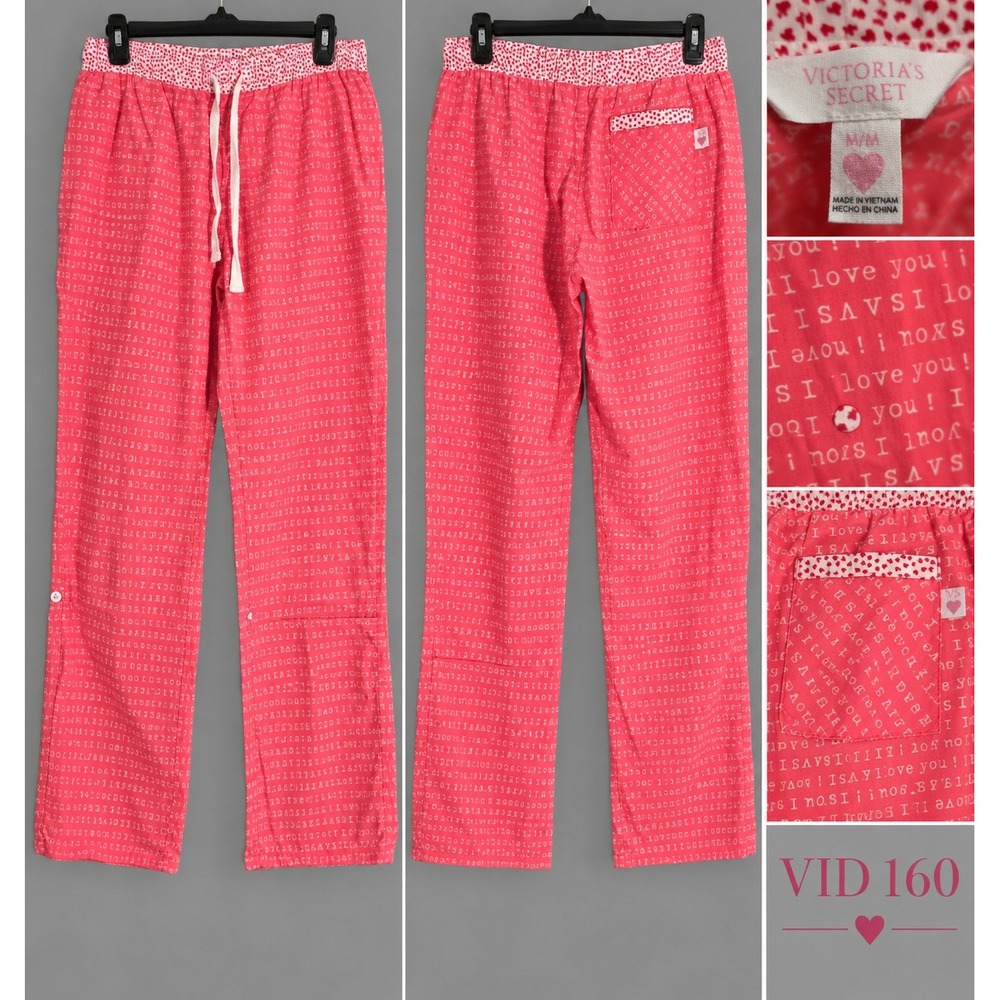 Victoria's Secret M Pajama Pants Pink I Love You Hearts Lounge Sleep Y2K